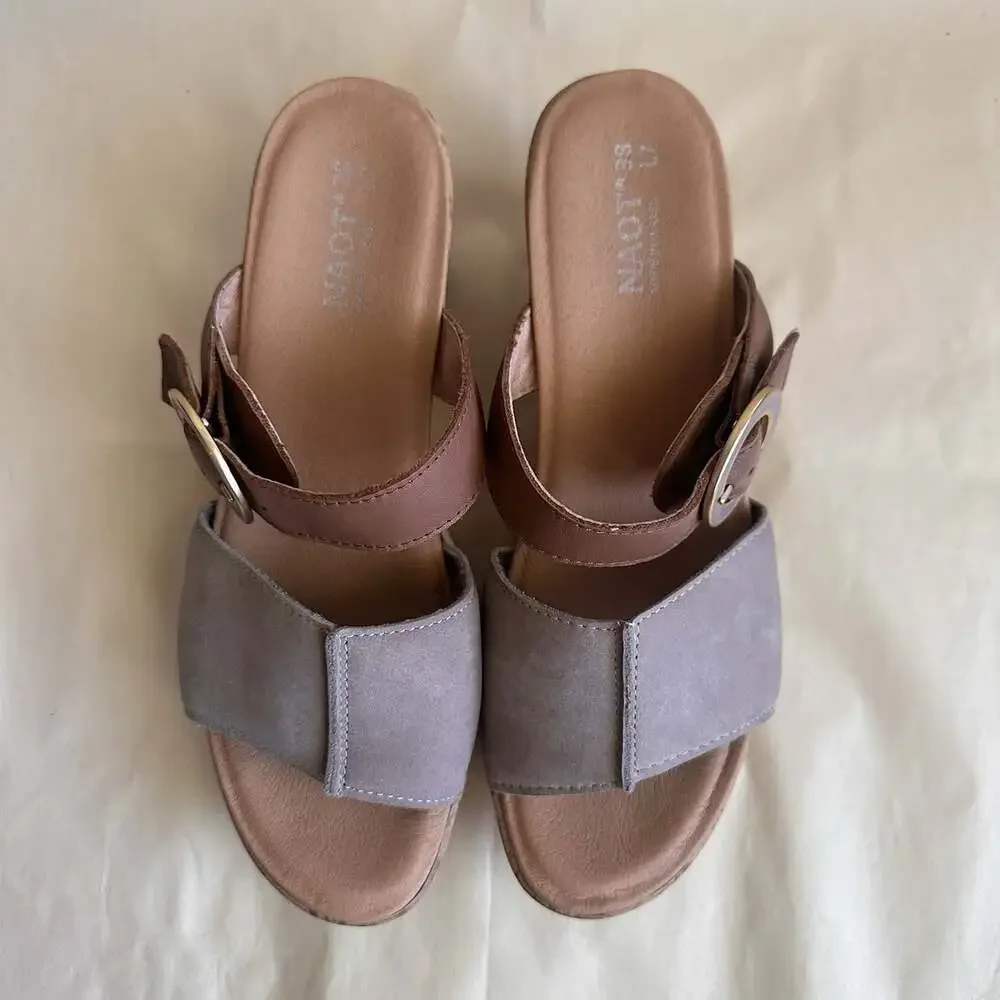 NWOT Naot Breezy Platform Wedge Sandal 7-7.5 (sz 38) Taupe Brown Leather Gold